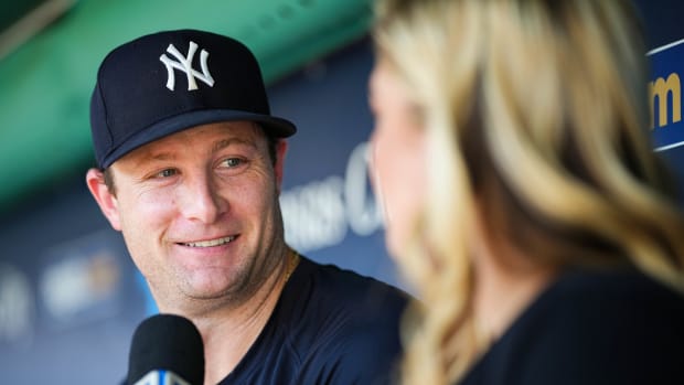 Oct 1, 2023; Kansas City, Missouri, USA; New York Yankees starting pitcher Gerrit Cole (45) is interviewed prior to a game against the Kansas City Royals at Kauffman Stadium.